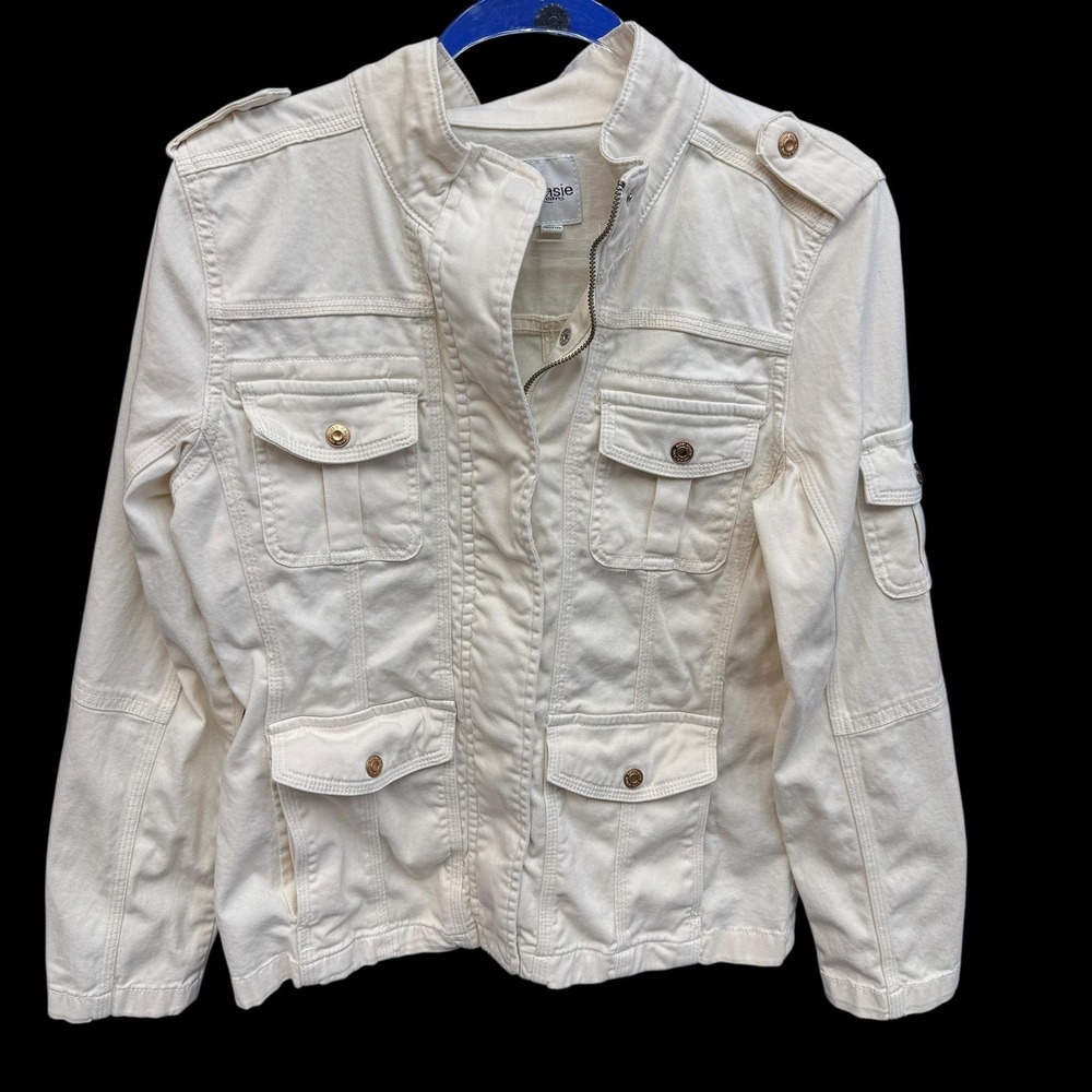 Kensie Jeans Jacket Womens Medium Cream Utility Cargo Military‎ Style Cotton